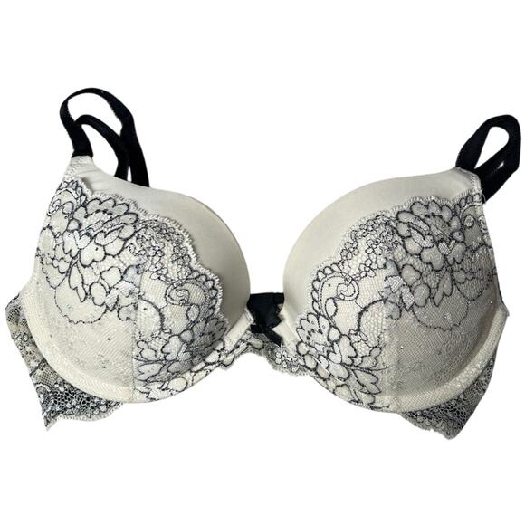 Victoria's Secret Dream Angel Lined Demi Rhinestone White Black Bra Size 32D - Picture 1 of 5